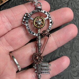 Steampunk Skeleton Key Gear Pendant Necklace